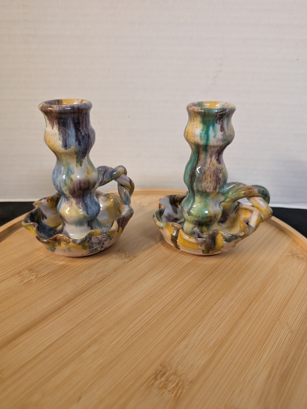 Williamsburg Handmade Drip Glaze Pottery Chamber Candle Candlestick Holders Pair